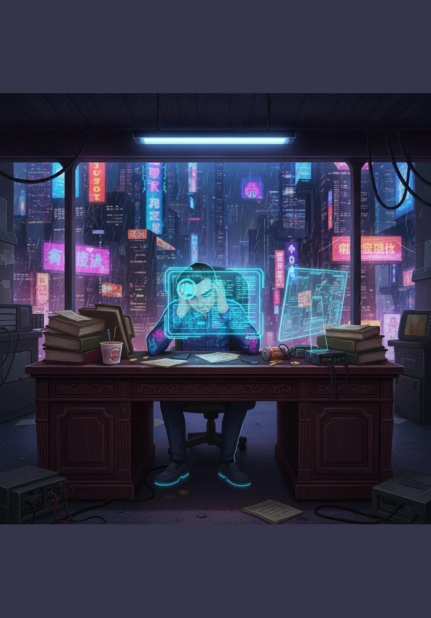 Budi sits at a heavy wooden desk, surrounded by towering stacks of paper documents and glowing computer screens. He manually types data from SP2D forms into the system, his face reflecting the fatigue of repetitive, time-consuming tasks.