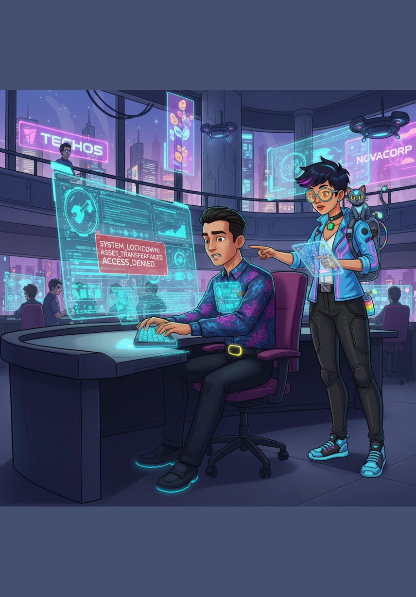 A brilliant blue stream of digital light begins to flow from Budi's computer, forming a shimmering bridge across a vast data void. This represents the new API technology connecting the SIPD system directly to the heart of Coretax.