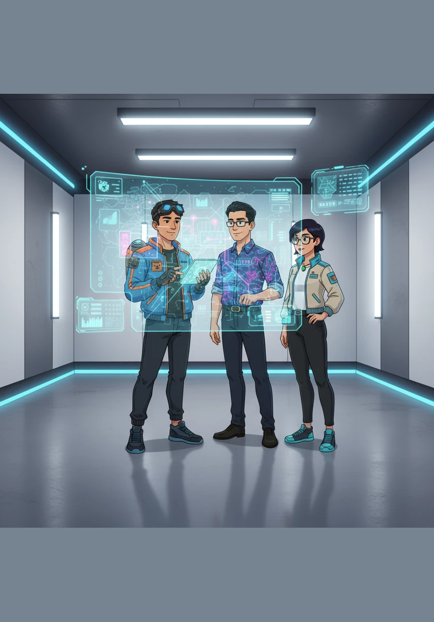 Budi stands with his colleagues in a bright training room, looking at a digital map of their new responsibilities. Their roles have evolved from simple data entry to high-level analysis and strategic management of the new technology.