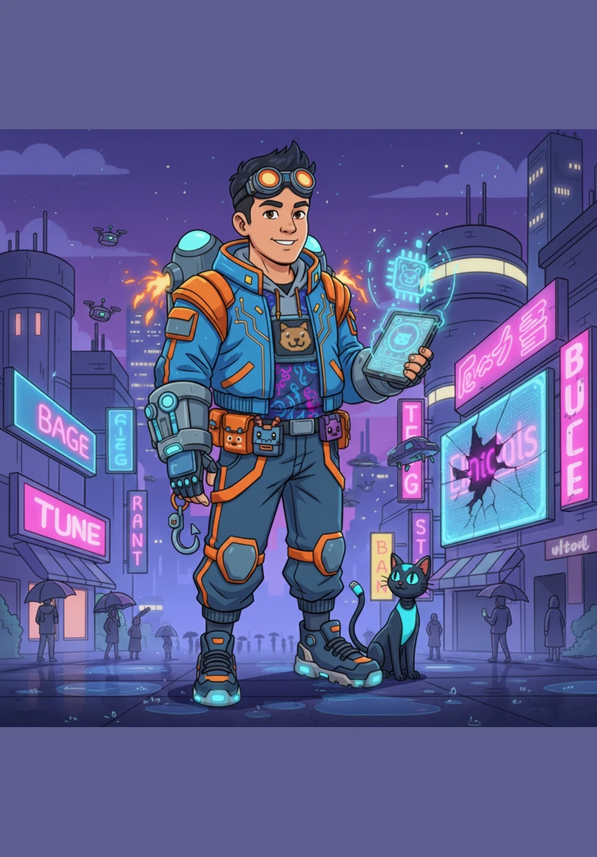 Budi stands confidently in front of a massive digital dashboard that shows a 100 percent success rate for all transactions. The sun rises over a modern city in the background, symbolizing a new era of efficiency, transparency, and digital progress.