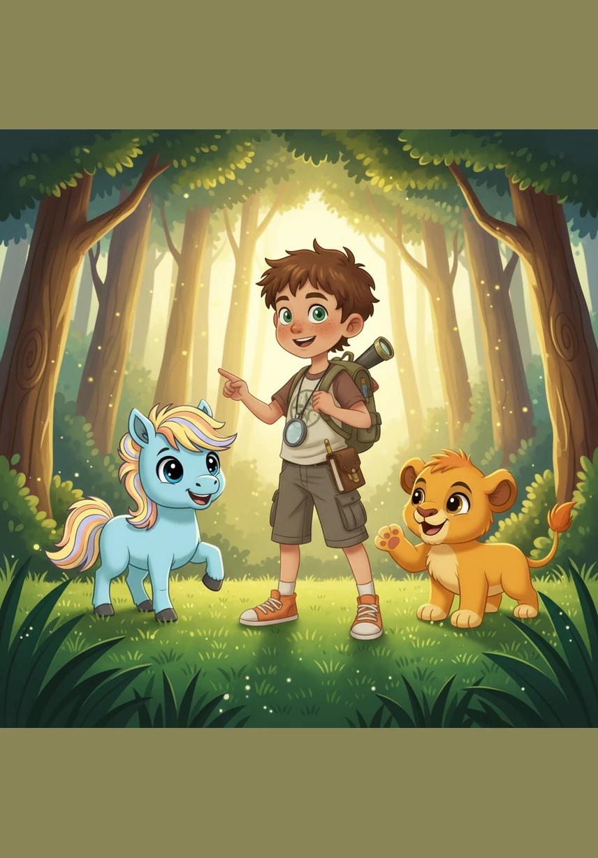 Leo stands at the edge of the Whispering Woods, where the grass sparkles like emeralds under the morning sun. He is greeted by Spark, a frisky baby horse with a flowing mane, and Roary, a small lion cub who looks ready for a big adventure.