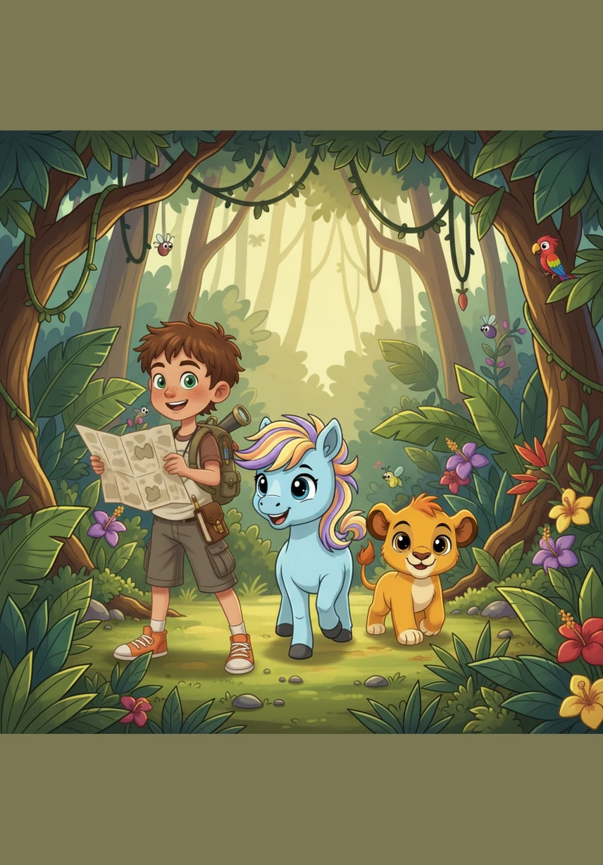 The three friends step into the heart of the forest, marveling at giant trees with glowing leaves that pulse with soft, colorful light. Strange, beautiful flowers bloom at their feet, but Leo notices that the usual cheerful chirping of the birds is missing.
