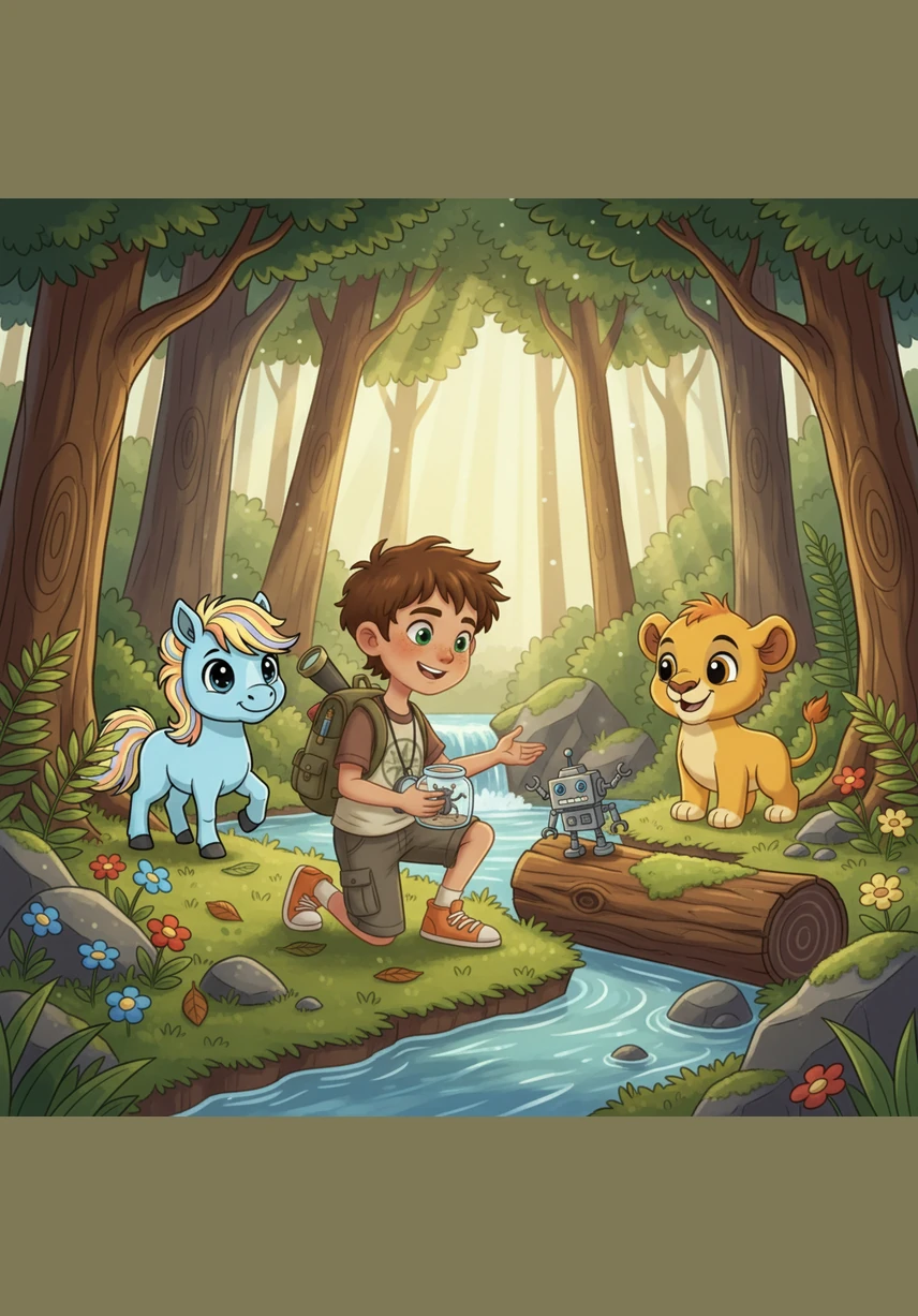 A tiny blue bird flutters down to Leo's shoulder, looking worried and chirping a sad tune. Other animals, like shy rabbits and colorful squirrels, gather around the trio, looking toward them with hopeful eyes as if asking for help.