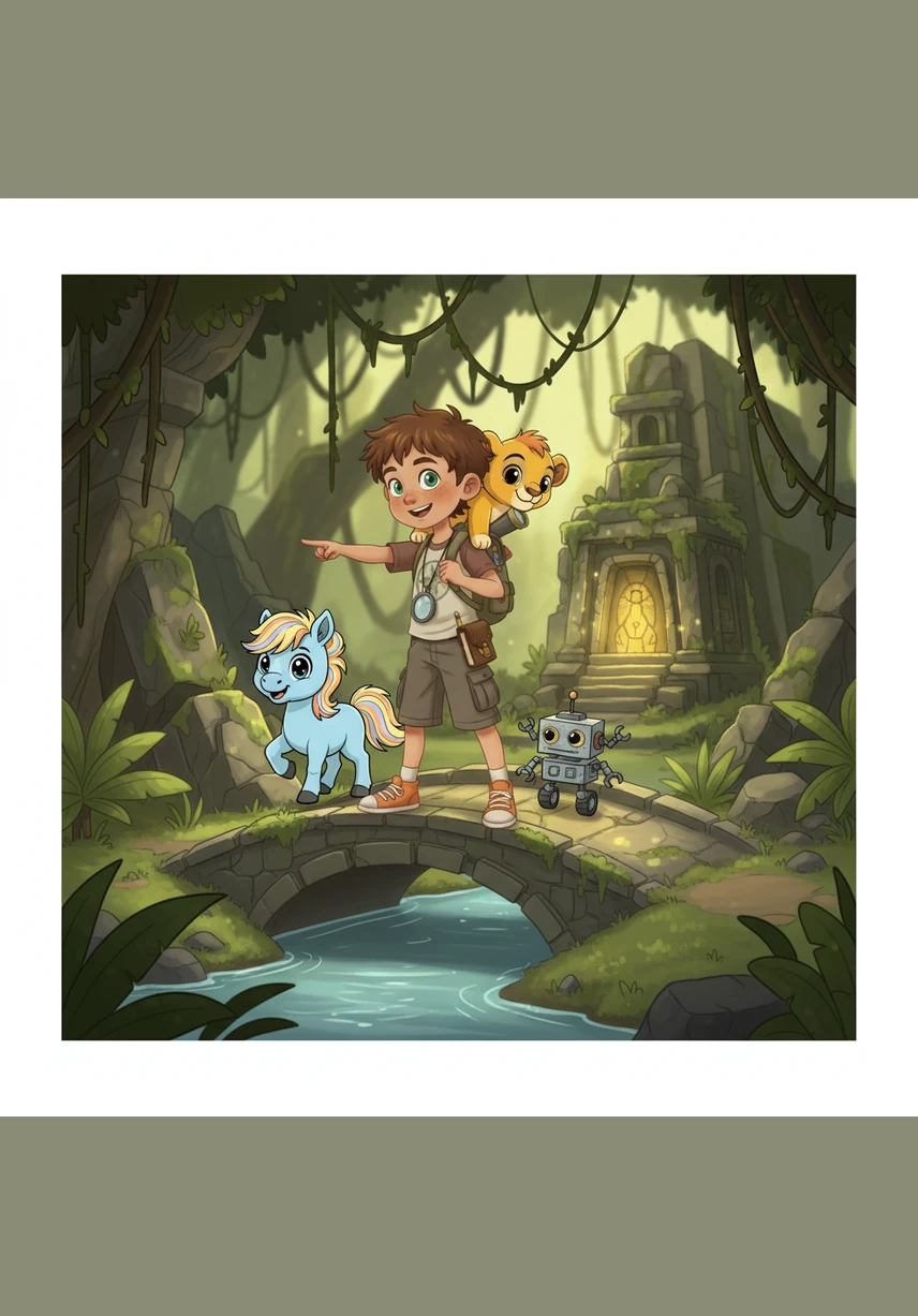 As they walk deeper into the woods, they notice the vibrant plants are beginning to fade and the magical glow is dimming into a grey mist. Roary uses his keen senses to sniff the air, pointing his paw toward a hidden path covered in thick, tangled shadows.
