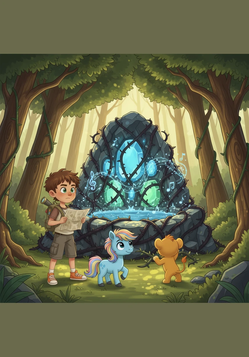 They reach the Heart of the Forest, a majestic ancient spring that has stopped flowing because of giant, thorny vines. The thick vines have wrapped tightly around the magical stones, trapping the forest's water and its beautiful song inside.