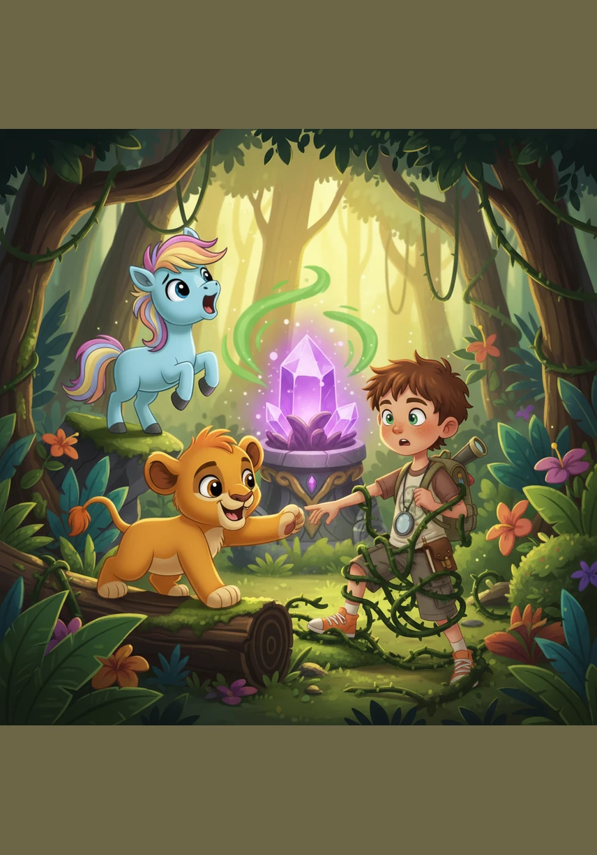 Roary carefully examines the vines and realizes they are not mean, just overgrown and confused. Spark uses his strength to clear a path through the tall grass while Leo looks for the main knot holding the vines together.