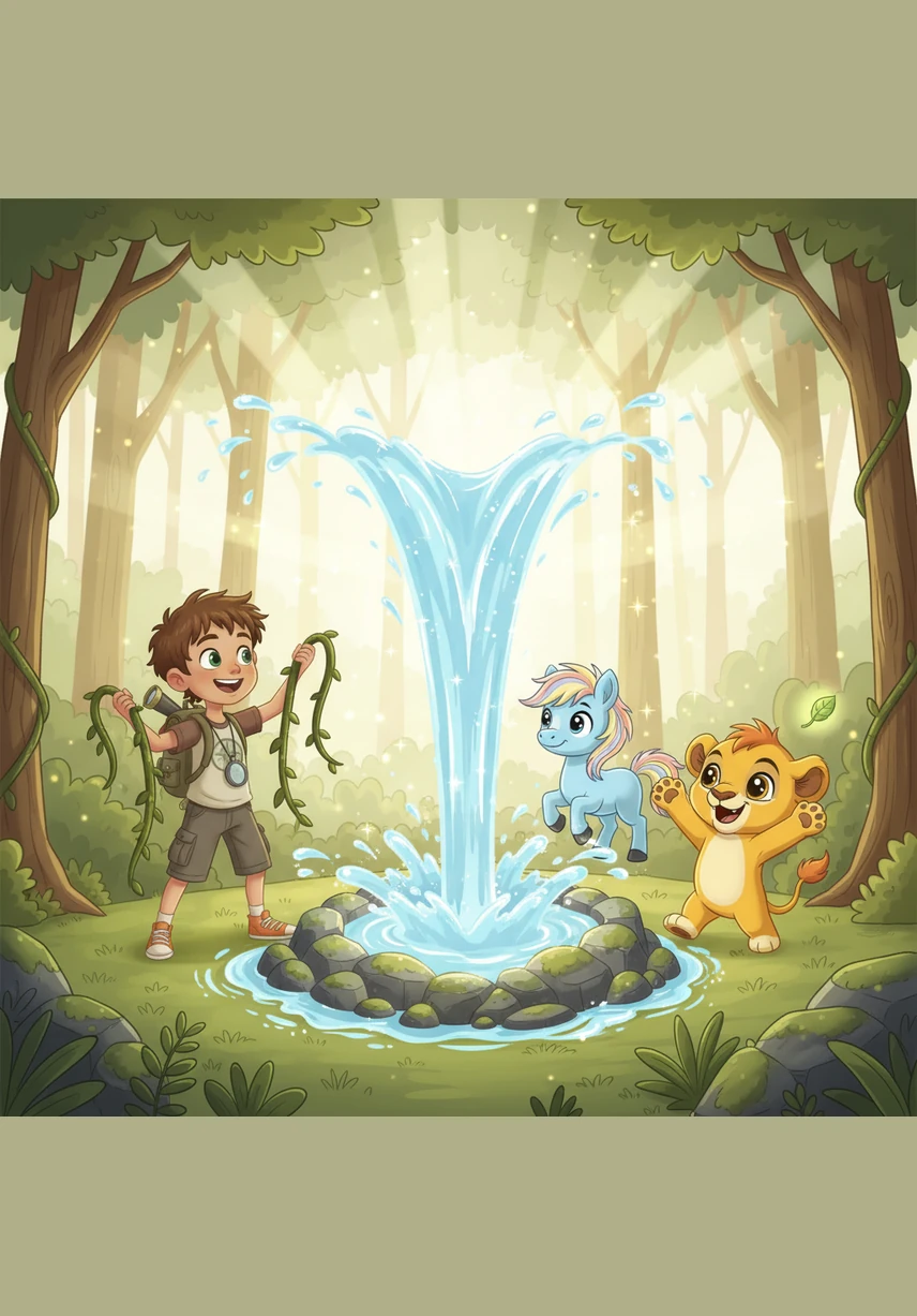 With a final gentle tug from the three friends, the vines slide away and the magical spring erupts with crystal-clear, glowing water. The water splashes against the rocks with a musical ring, and a wave of light washes over the entire forest.
