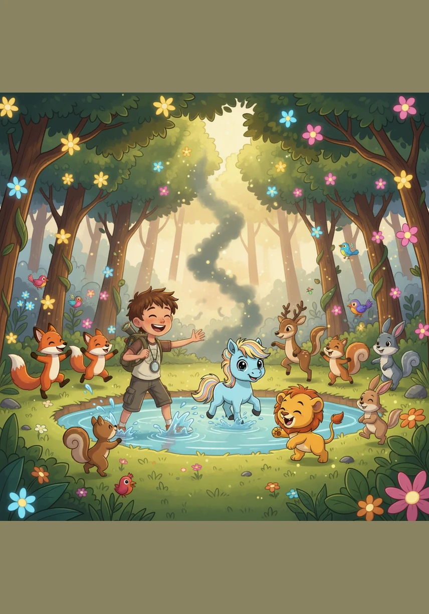 The forest instantly transforms as the flowers bloom brighter than ever and the dark mist vanishes into thin air. Animals of all shapes and sizes rush to the water, dancing, splashing, and singing in a grand celebration of their restored home.