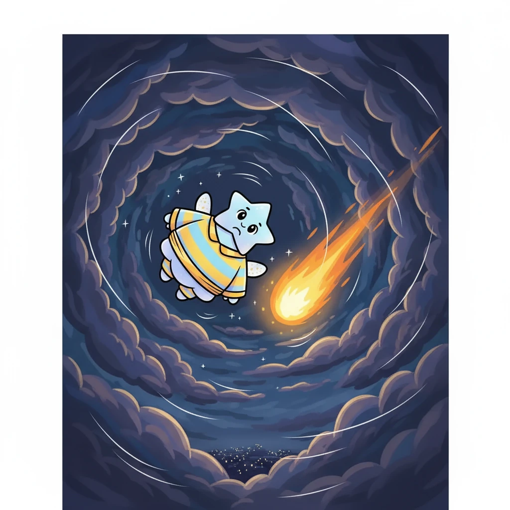 That night, a fierce wind swept across the sky, and dark clouds gathered. Lumi felt a sudden push and began to fall, tumbling through the darkness. A glowing meteor appeared beside her, offering comfort and guidance.