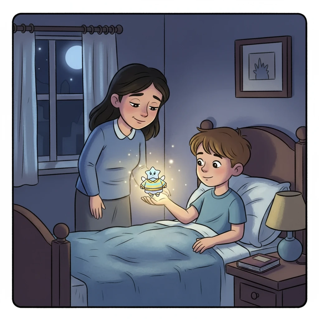 Lumi landed softly near Timur's window, transforming into a tiny spark of light. She rested gently on his hand, her glow filling the room. At that moment, Timur's mother smiled painlessly for the first time in a long while.