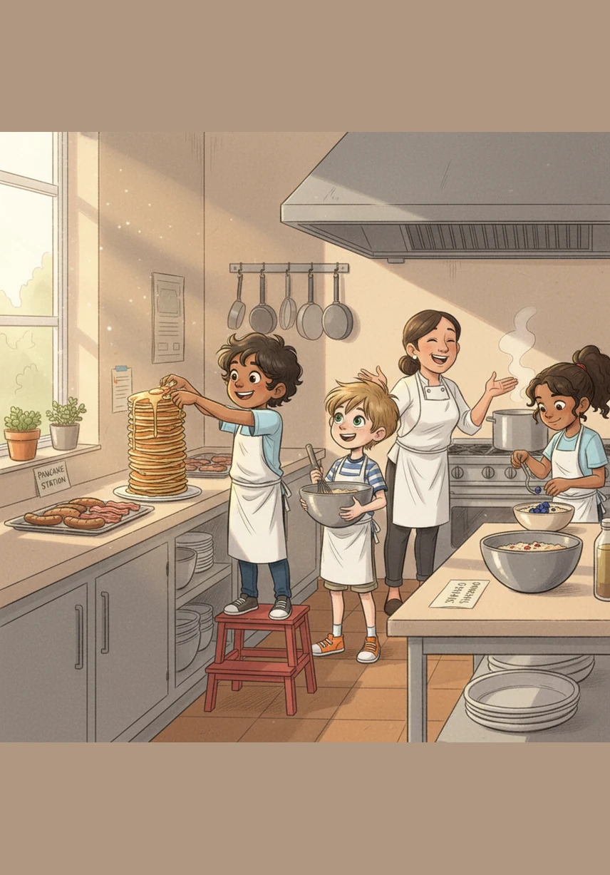 Morning sunlight streams through the windows of the Oakwood Primary School kitchen, illuminating a table piled high with colorful ingredients. Alya stands tall with her checklist ready, while Ben adjusts his glasses to inspect the pasta salad and Kumar jumps for joy at the sight of the cookies. It is the start of their most important mission yet: preparing the perfect, healthy school picnic.