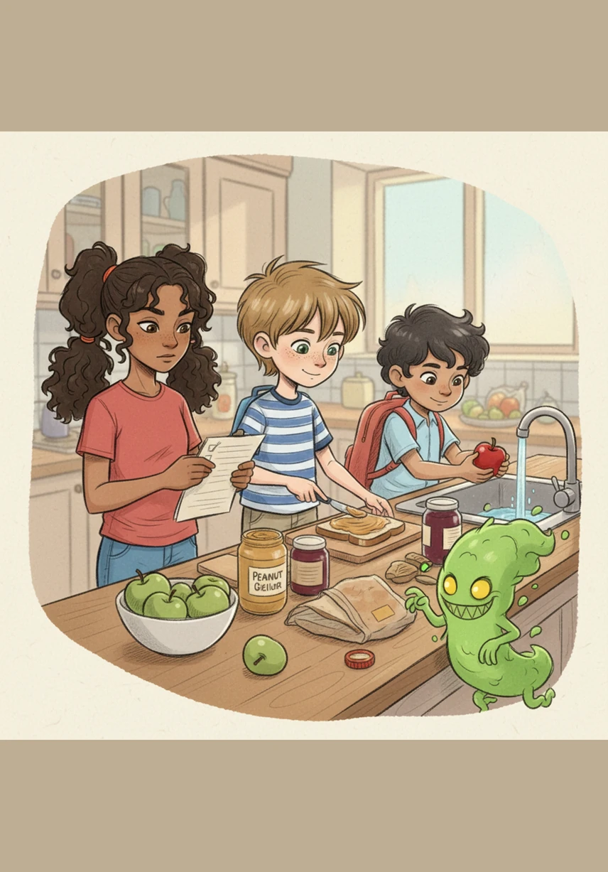 As the team begins to assemble sandwiches and wash crisp apples, a tiny, shadowy figure lurks near the edge of the counter. Captain Germ, a mischievous green creature invisible to the human eye, watches with a devious grin, waiting for someone to forget a rule. Alya remains focused, her eyes scanning the checklist to ensure every step is followed perfectly.