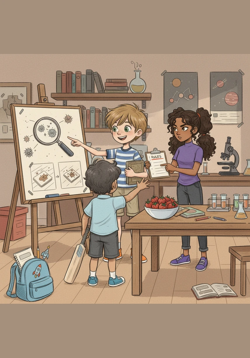 Ben points to a diagram of a magnifying glass, explaining the importance of keeping their workspace spotless to keep tiny invaders away. Kumar pauses mid-cheer to reach for a shiny red strawberry, but Alya quickly reminds him of the first rule on her list. The air is thick with determination as the trio prepares to defend their food from the unseen enemy.