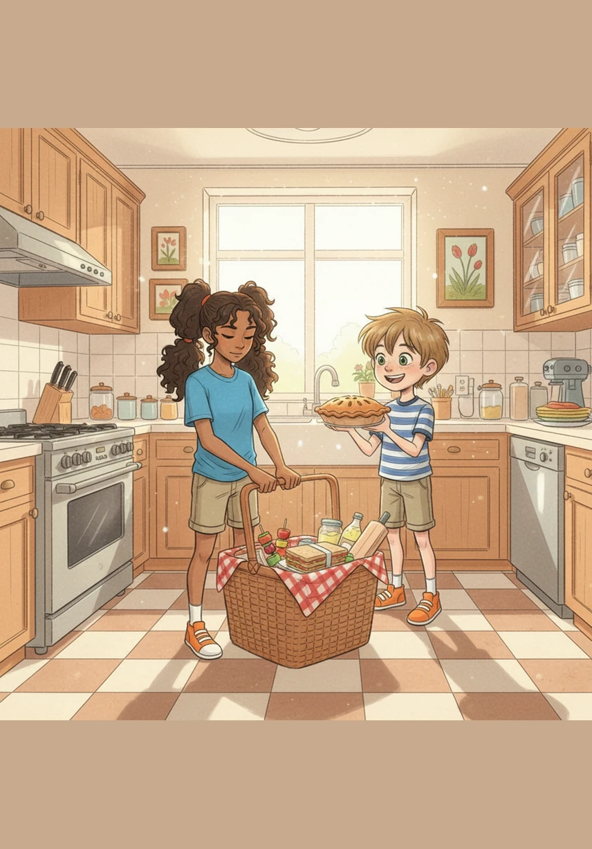 With the final cookie placed safely in the basket, the kitchen looks as clean as when they first started. Captain Germ grumbles in the shadows, defeated by the team’s perfect hygiene and Alya's unwavering focus on her checklist. Every sandwich is wrapped and every fruit is tucked away, ready for the great outdoors.