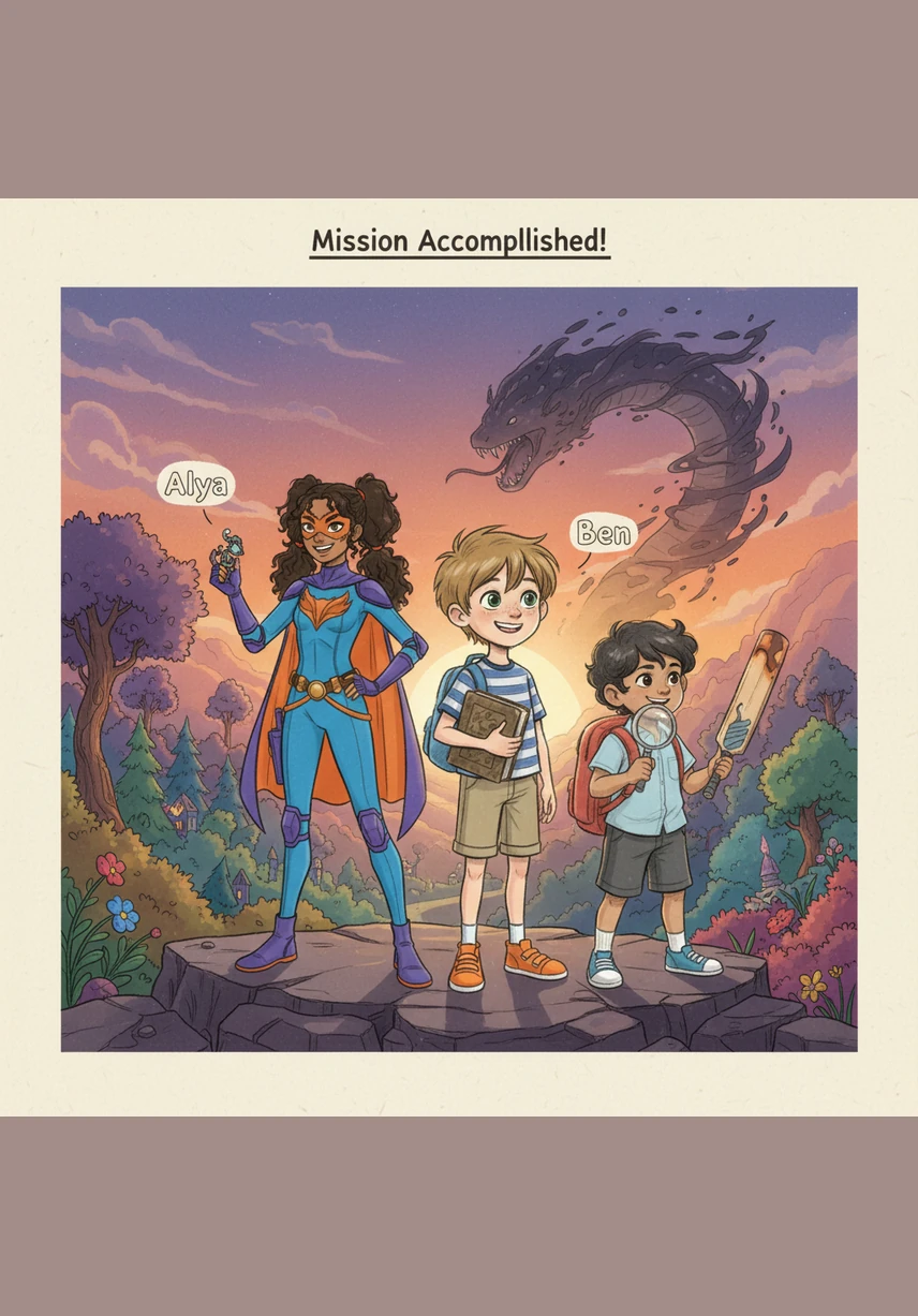 The trio marches out of the kitchen and into the bright playground, carrying their picnic basket like a hard-won treasure chest. Behind them, the kitchen is sparkling, and Captain Germ is nowhere to be found. Alya, Ben, and Kumar share a triumphant smile, knowing their mission was a delicious and healthy success.