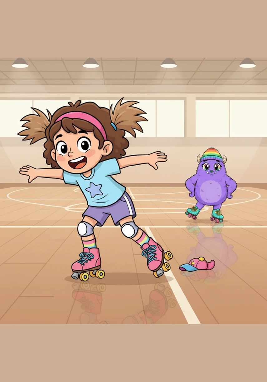 Lucy and Charlotte are zooming around the big wooden gym floor, but they keep bumping into the padded walls with loud thuds. Their roller skates are a bit wobbly, and they begin to wonder if their teacher is ever going to show up.