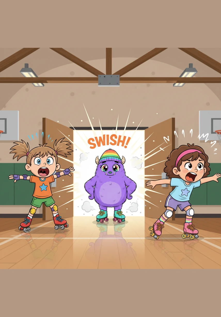 Suddenly, the heavy gym doors swing open with a bright sound, and a mysterious figure rolls inside with perfect balance. Lucy and Charlotte are so startled by the sight that they let out a scream so loud it makes the very roof of the gym rattle.