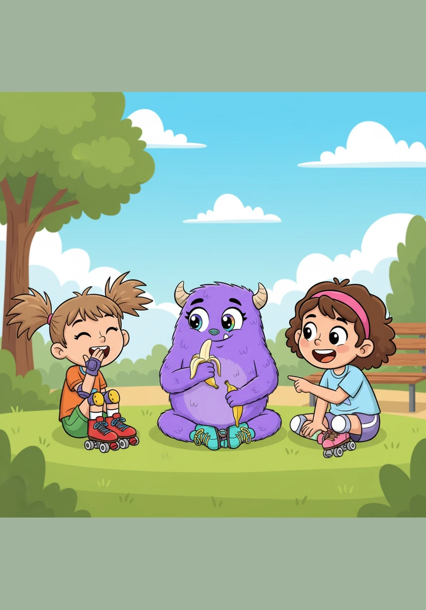 The purple monster peels a yellow banana for a snack, looking so adorable that the children can't help but giggle. When they ask for her name, she smiles warmly and introduces herself as Izzy, the friendliest monster they have ever met.