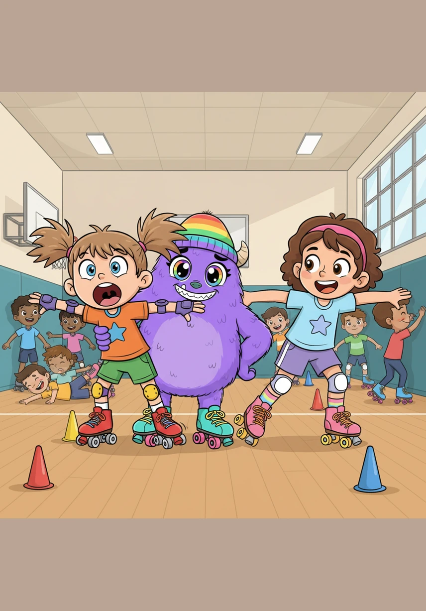 Izzy asks the class to show off their skating skills, but the gym quickly becomes a comedy of errors. Children are sliding, slipping, and tumbling onto the floor in a giant, happy pile of tangled limbs and wheels.