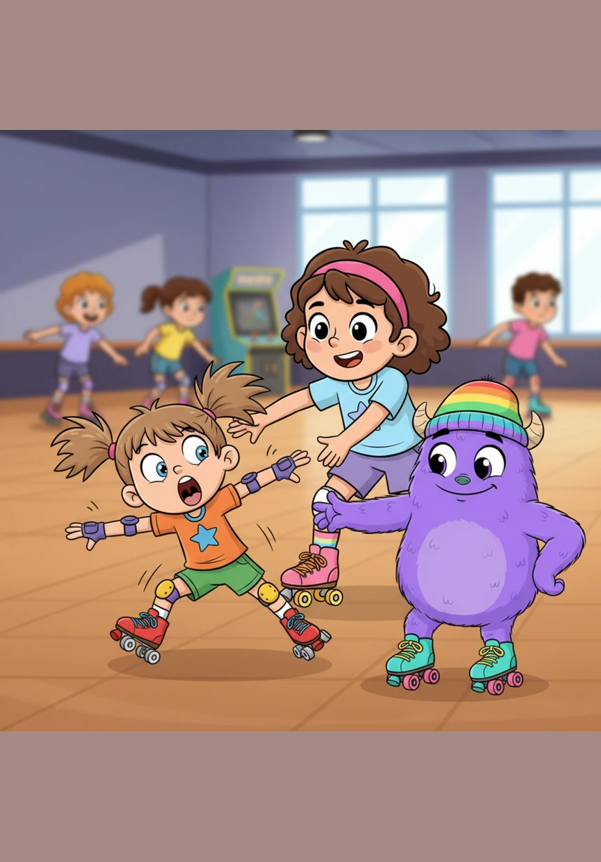 Next, Izzy demonstrates how to move their legs in a rhythmic stride to start gliding across the floor. The children watch her every move with wide eyes, feeling more excited than ever to master the art of skating.