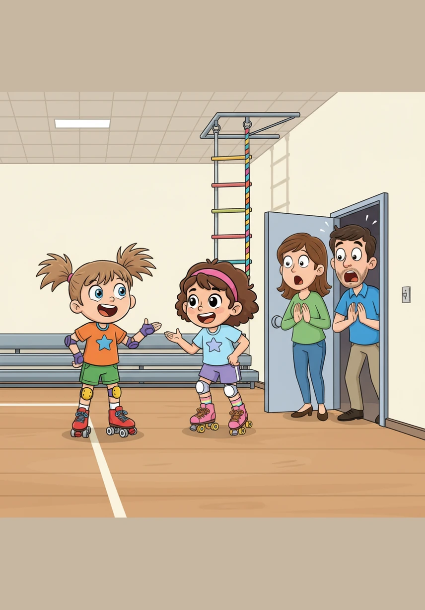 As the lesson ends, the parents walk into the gym and gasp in shock when they see a fuzzy monster emerging from the side door. Izzy proudly explains that she is their teacher, leaving the moms and dads with their mouths wide open in disbelief.