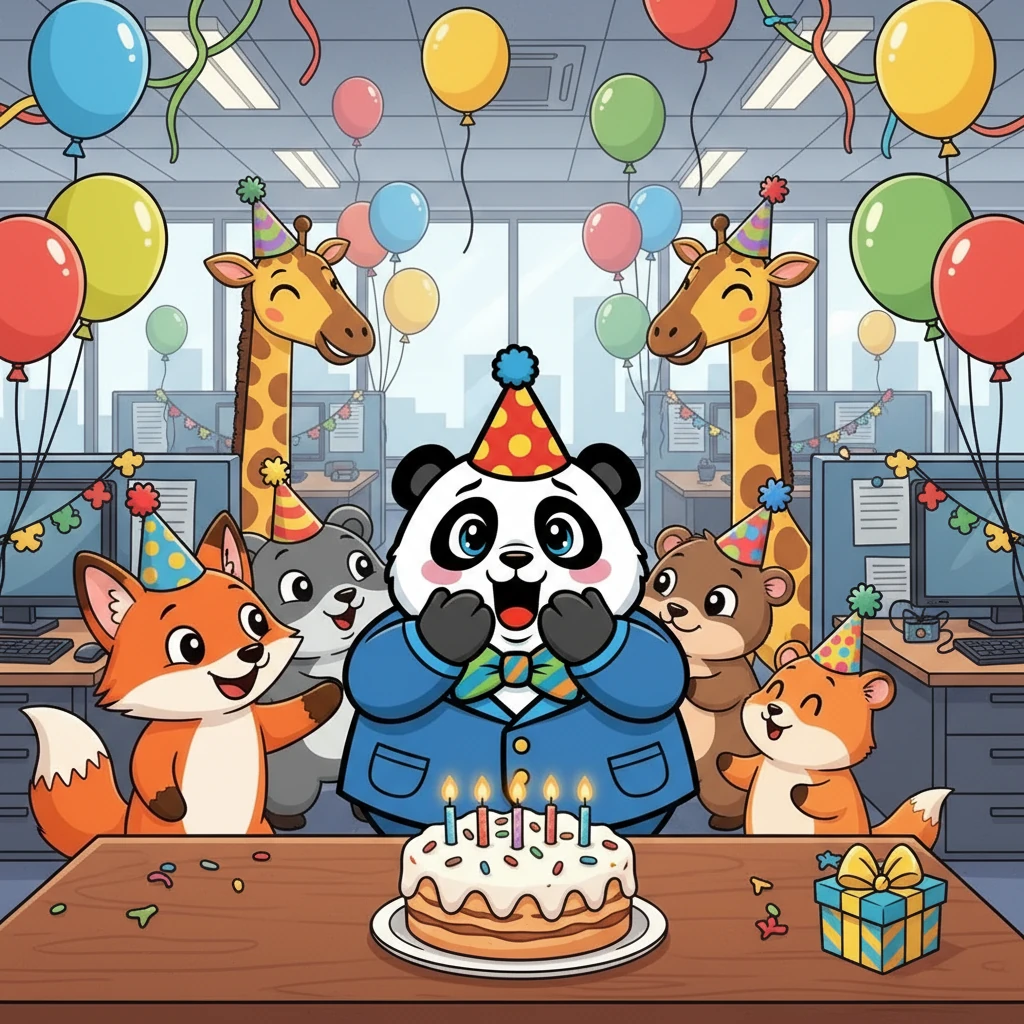 Di bank, teman-teman kerjanya telah menyiapkan kejutan. Balon-balon berwarna-warni menghiasi ruangan, dan kue ulang tahun yang lezat sudah siap. Enso terkejut dan terharu oleh kebaikan mereka.