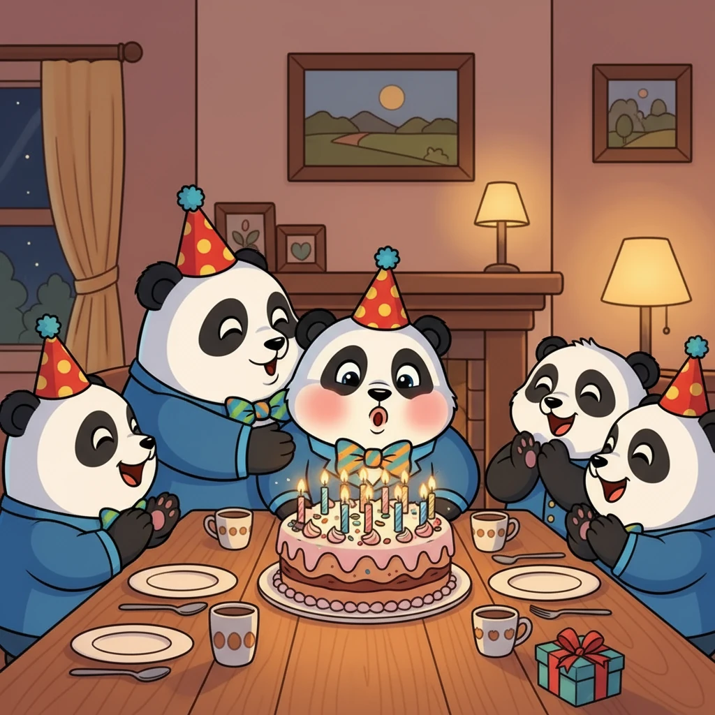 Malam itu, keluarga Enso berkumpul di ruang makan yang hangat. Mereka menyanyikan lagu selamat ulang tahun, dan Enso meniup lilin di kue yang indah. Setiap orang memeluk dan menciumnya.