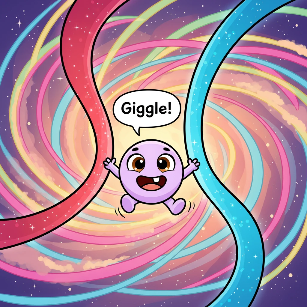 Nuscuria, a galaxy of swirling, luminous, colorful threads, pulsates with gentle energy. Durito, a tiny, round, cheerful Nuscurian with big, expressive eyes, giggles as he bounces playfully between a bright red thread and a sparkling blue one. His short, stubby arms reach out, full of wonder.