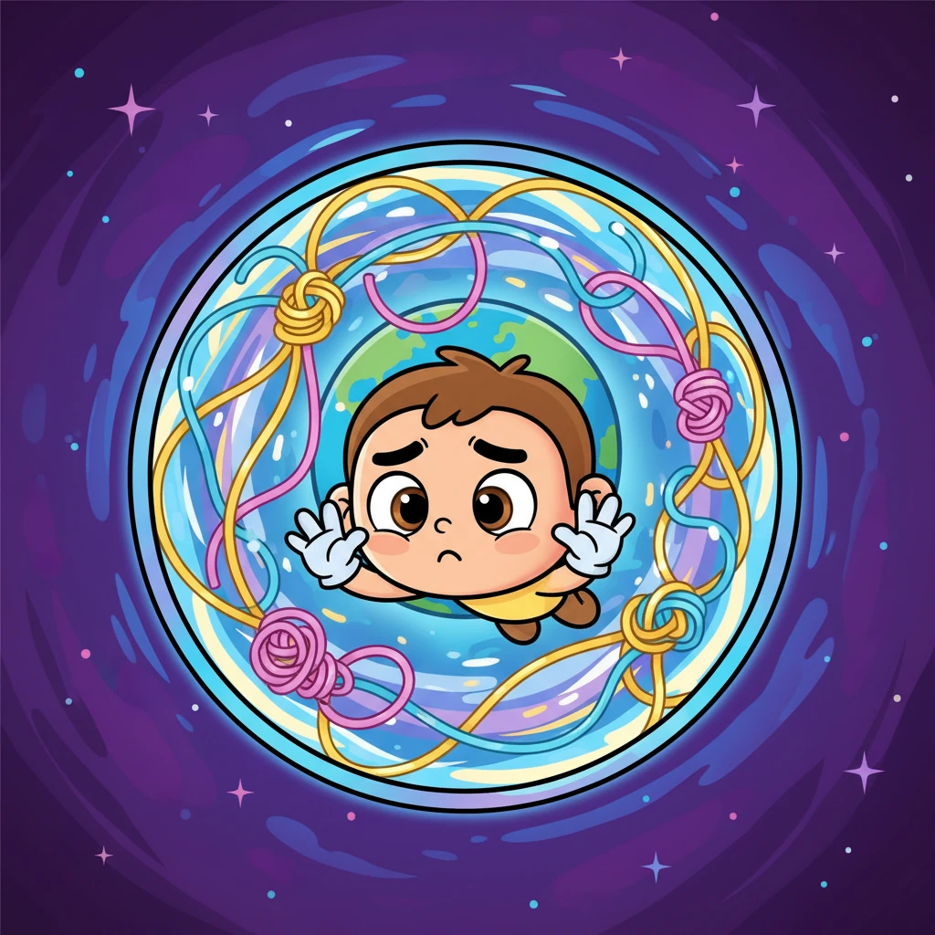 Durito floats near a shimmering, swirling portal, peeking through to see a distant, vibrant blue and green planet. It's Earth, and its 'time threads' look a bit tangled, like a ball of yarn after a playful kitten. His brow furrows slightly in cute confusion, wondering why they are so different.