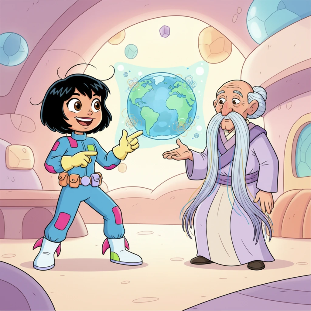 Back in Nuscuria, Durito consults with an older, wise Nuscurian who has long, flowing time-thread whiskers and a gentle smile. Durito points excitedly at a shimmering projection of Earth, asking with expressive gestures why its threads are so 'sticky' and not as smooth.