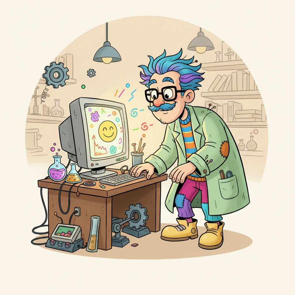 On Earth, an amiable scientist, The Observer, with a friendly mustache and spectacles perched on his nose, is in his cozy, slightly cluttered lab. He's looking at a monitor displaying peculiar, playful patterns, like a graph suddenly wiggling into a happy face, a phenomenon he can't quite explain.
