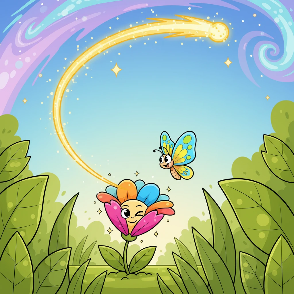The golden thread zips through the cosmic expanse, a sparkling comet of duration, landing gently on Earth in a sun-dappled garden. A small, colorful flower instantly blooms in full glory and then playfully retracts its petals, winking at a surprised but delighted butterfly hovering nearby.