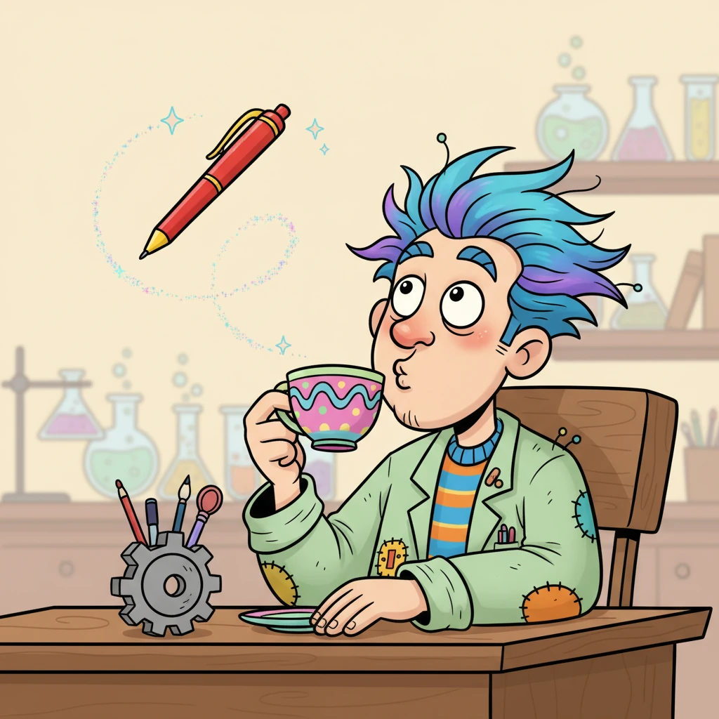 The Observer sips his tea, then watches in amazement as his favorite pen on the desk briefly floats upwards, does a tiny, elegant loop-the-loop, and gently lands back in its holder. He smiles, a spark of pure wonder and intrigue now shining brightly in his eyes.