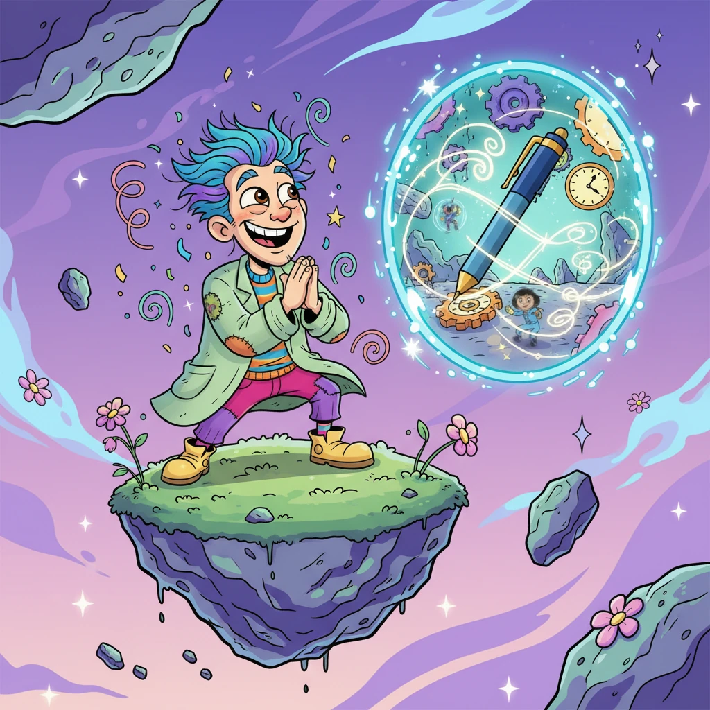Back in Nuscuria, Durito claps his tiny hands with joy, watching the playful pen incident unfold on his shimmering portal with glee. He realizes Earth's 'tangled time' isn't a problem at all, but rather a source of delightful, unexpected fun and endless surprises.