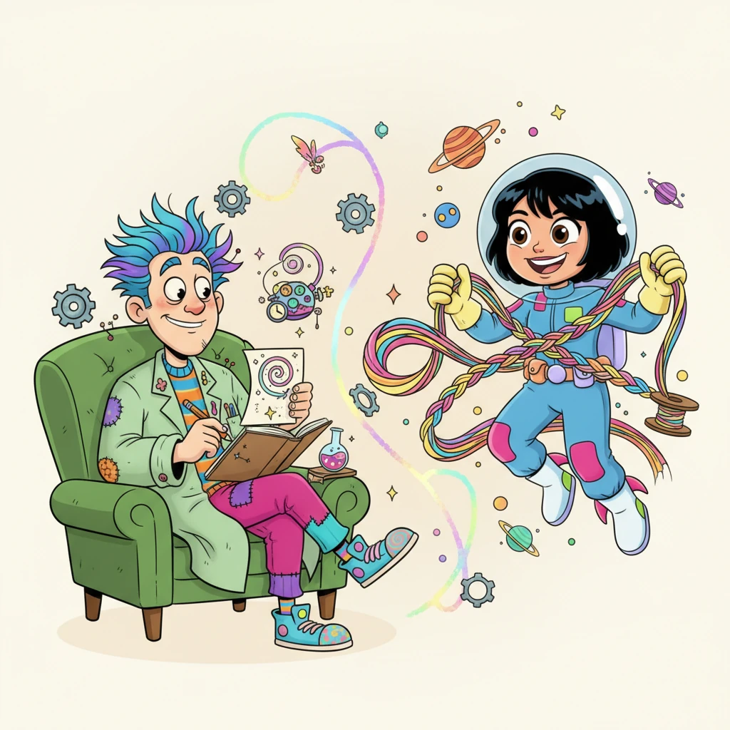 Durito and The Observer, though galaxies apart and unaware of each other's direct presence, share a silent, joyful moment of connection. The Observer sketches a whimsical time-loop in his notebook, while Durito happily weaves new, colorful threads, both connected by the playful mysteries of time.