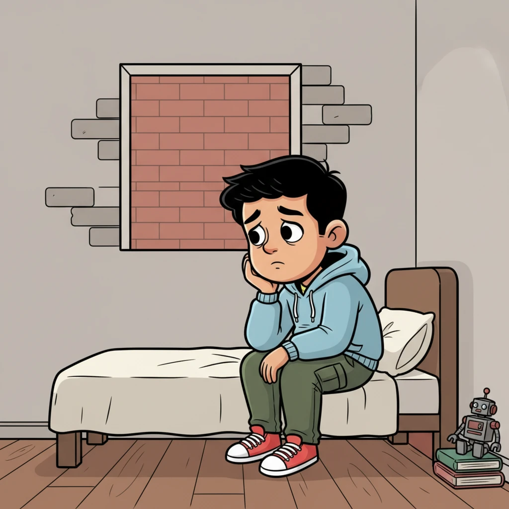 Aarav sat hunched on the edge of his bed, gazing out his window at a dull brick wall. His small rented room felt like a gray box, reflecting the quiet question in his mind: 'Am I falling behind?' His posture was slumped, and the air around him seemed to whisper of missed opportunities.