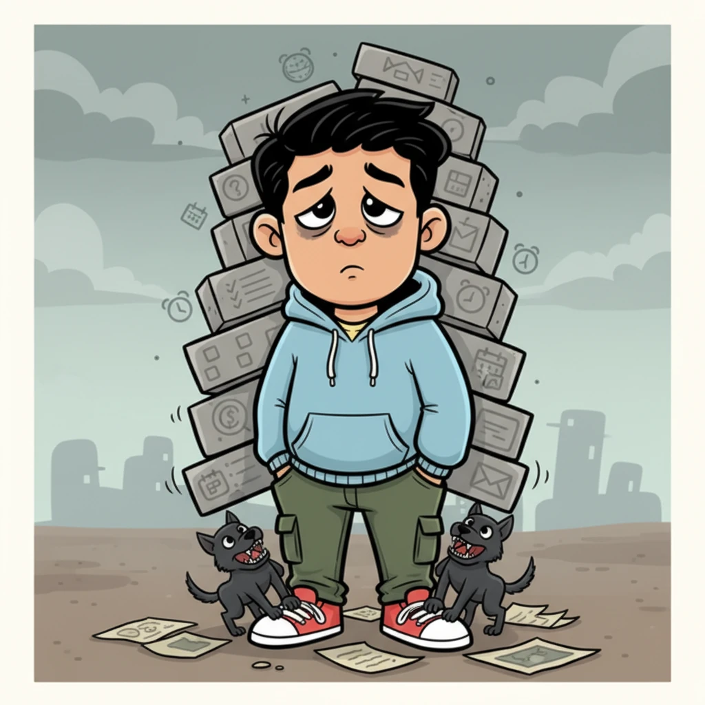 But as years passed, responsibilities piled up like heavy, invisible bricks, and failures nipped at his heels. Slowly, his once-bright confidence began to fade, leaving him feeling weighed down, his youthful dreams now crumpled and forgotten around his feet.