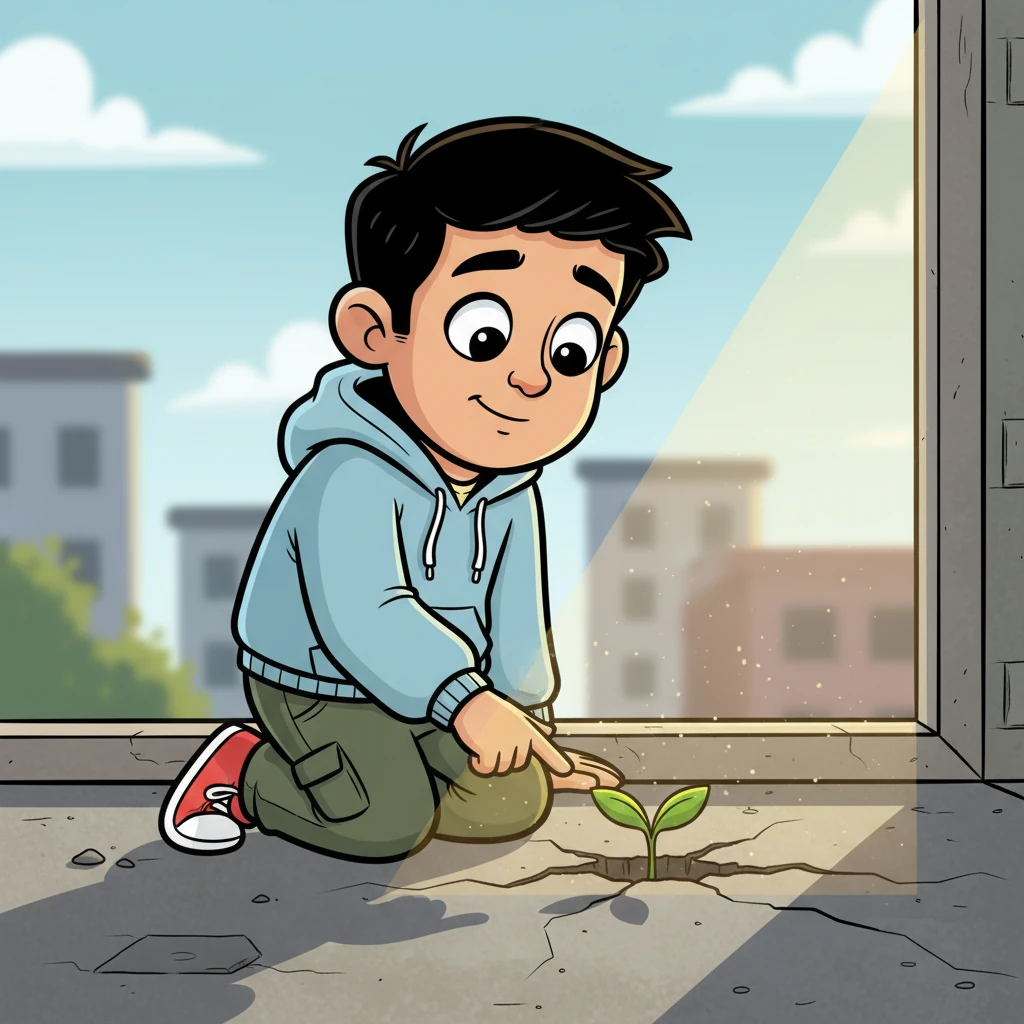 One morning, a tiny, defiant green sprout caught his eye, pushing through a crack in the dusty pavement on his windowsill. A single ray of sunlight, defiant and warm, illuminated its brave little leaf, and Aarav felt a flicker of something new within himself.
