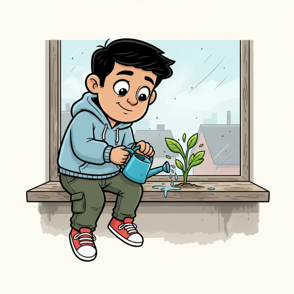 With a gentle, hopeful smile, Aarav carefully brought a small, blue watering can to the tiny sprout. As the water kissed its leaves, the plant instantly perked up, a vibrant burst of green against the grimy sill, mirroring a subtle shift in Aarav's own spirit.