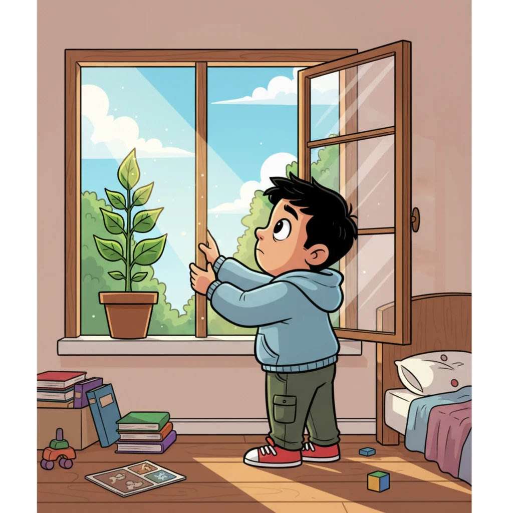 Day by day, as the sprout grew taller and more vibrant, Aarav found himself clearing away the clutter in his room. He opened his window wide, letting in fresh air and more sunlight, starting to look up and around with a thoughtful, curious expression.