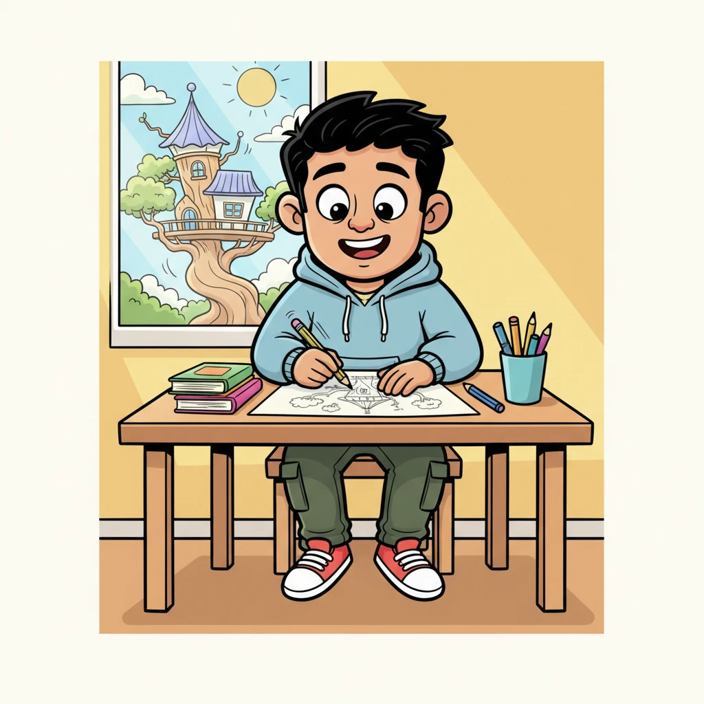 Inspired, Aarav sat at his newly cleared desk, a pencil dancing across a fresh sheet of paper. He began to sketch, his mind bubbling with whimsical ideas for a fantastical treehouse, his face alight with concentration and a forgotten joy.