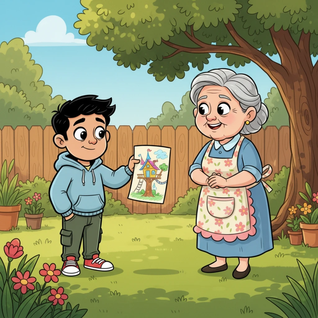 With a mix of nerves and excitement, Aarav bravely showed his playful treehouse sketch to his kind neighbor, Mrs. Gable. Her eyes widened with delight, and a warm, encouraging smile spread across her face, making Aarav's heart flutter with a new kind of warmth.