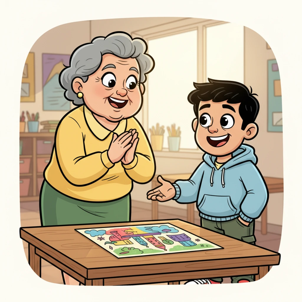 Mrs. Gable clapped her hands together, exclaiming with genuine enthusiasm over his design, her praise a burst of sunshine in his quiet life. Aarav's smile grew wider and more confident, a true spark igniting in his eyes as he felt seen for the first time in a long while.