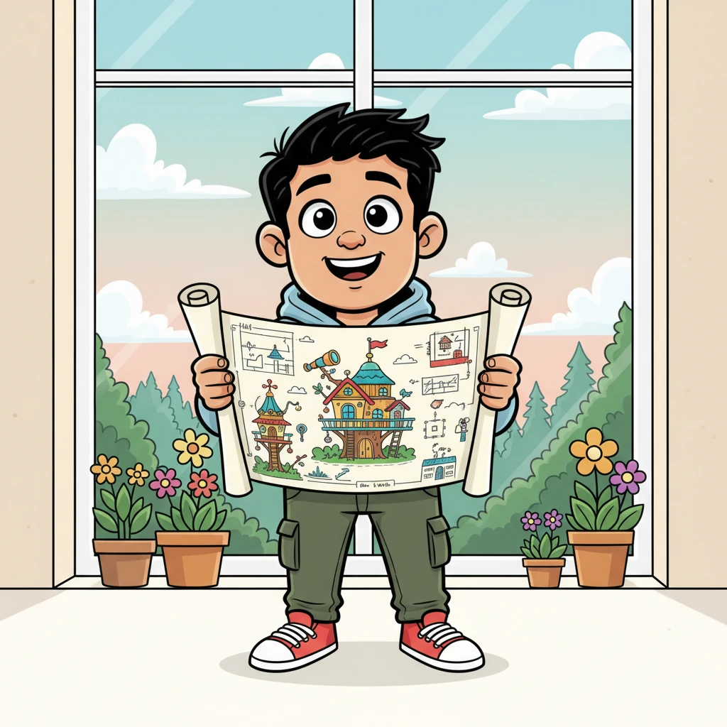 Now, Aarav stands tall by his bright, plant-filled window, which overlooks a wide, open sky. He holds a colorful, detailed blueprint, a confident grin on his face, ready to build not just a treehouse, but his own vibrant, meaningful path forward.