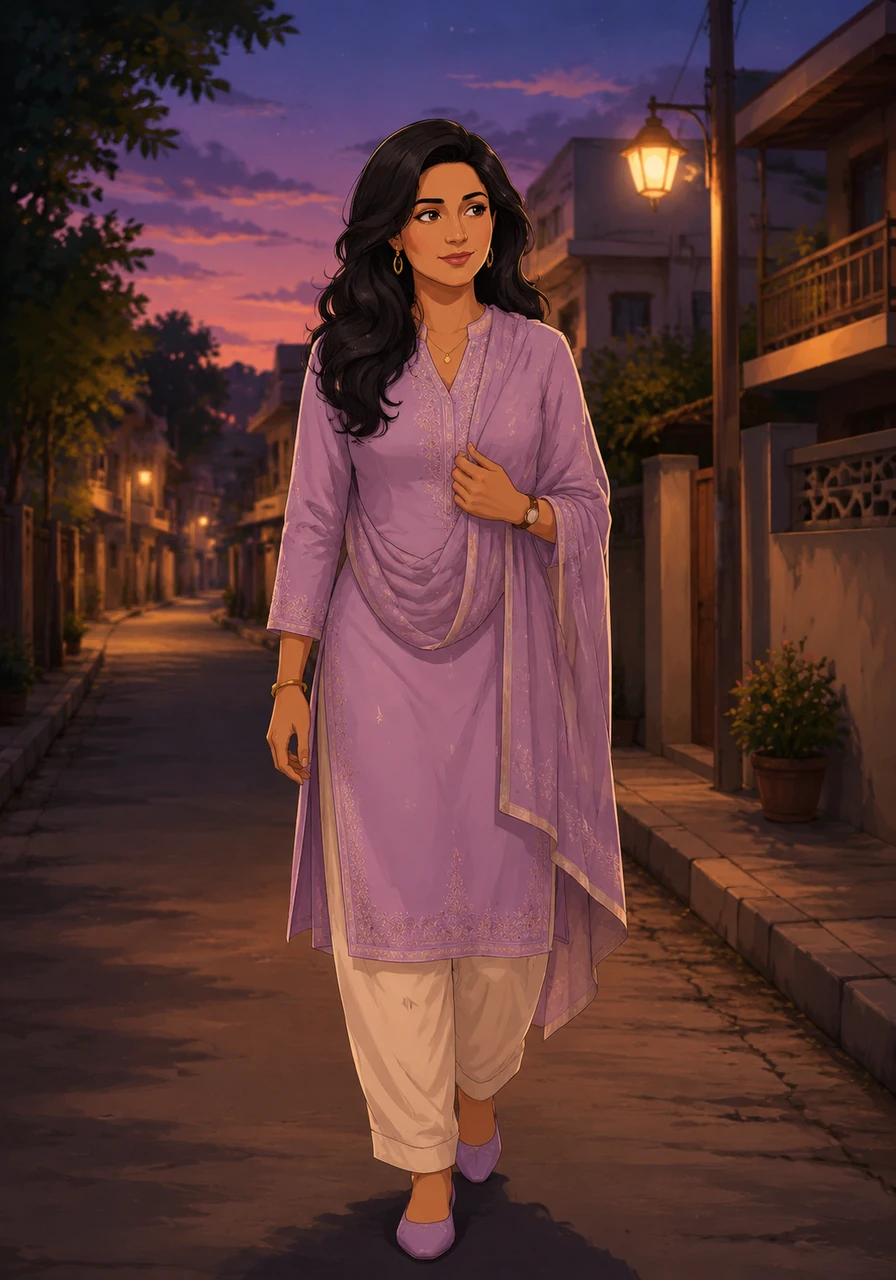 Najma walks through the quiet evening streets of her neighborhood, dressed in traditional attire, her mind filled with thoughts of her husband working far away in the Gulf.