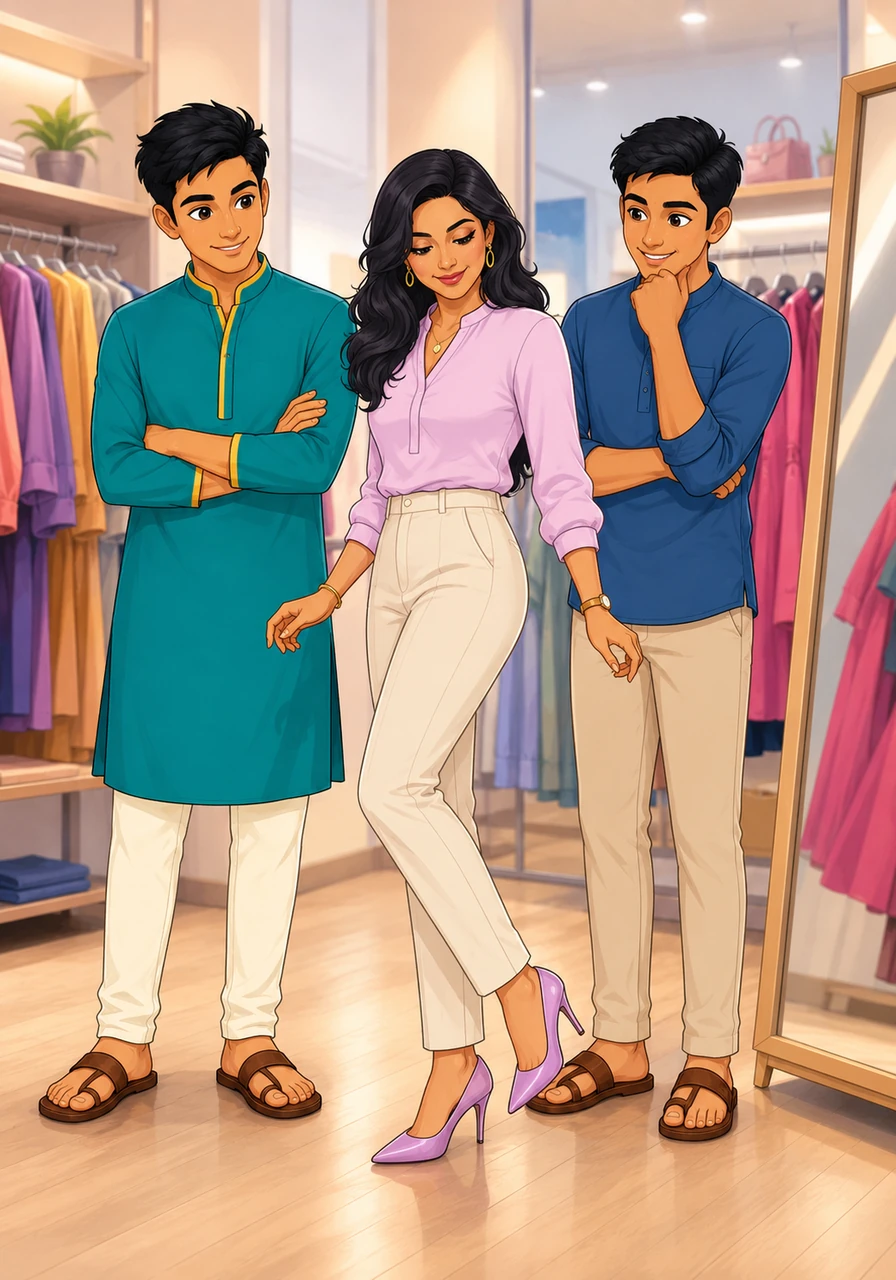 During a shopping trip with her new friends, Najma tries on high heels and contemporary clothing, embracing a dramatic change in her personal style.