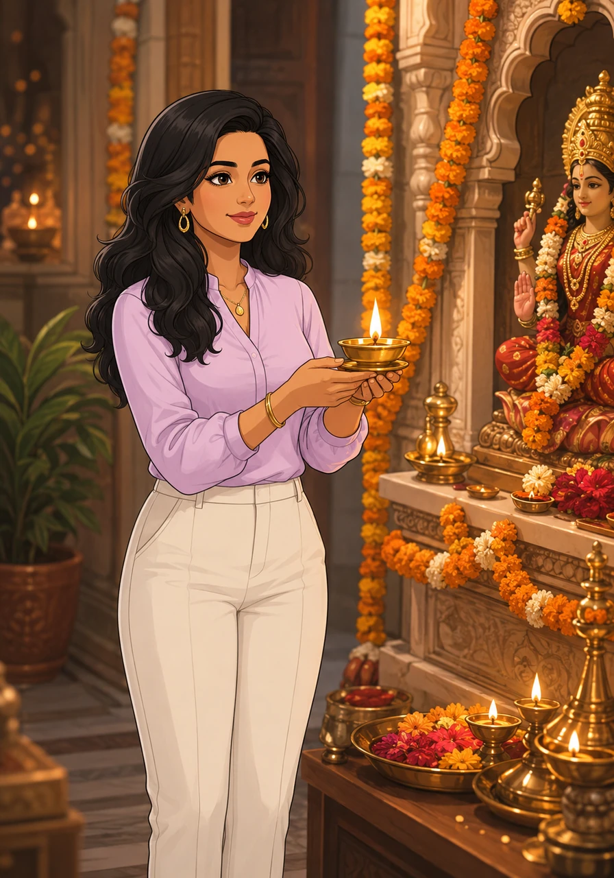 To fully immerse herself in Arjun's culture, Najma participates in a traditional Hindu prayer ceremony, holding a small brass lamp with a look of quiet devotion.
