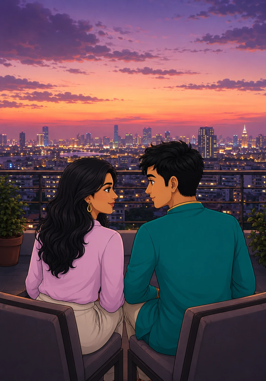 Sitting together on a terrace overlooking the city lights, Arjun and Najma look toward the future, acknowledging the profound changes that have reshaped Najma's identity.