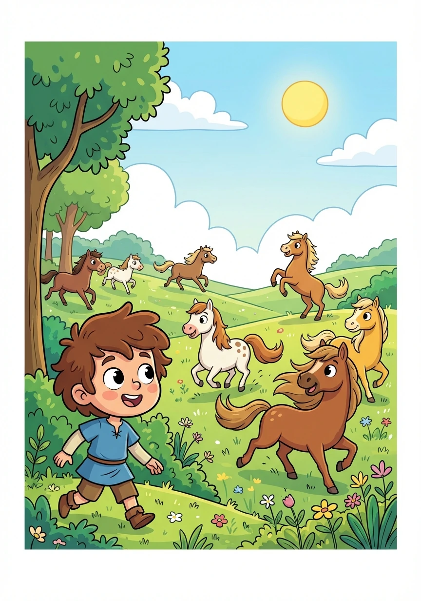 Αφού πέρασε τη λίμνη με τα βατραχάκια που έκαναν αστείες φωνές, έφτασε στο ξέφωτο με τα άγρια άλογα. Τα άλογα έτρεχαν ελεύθερα και ανέμελα.