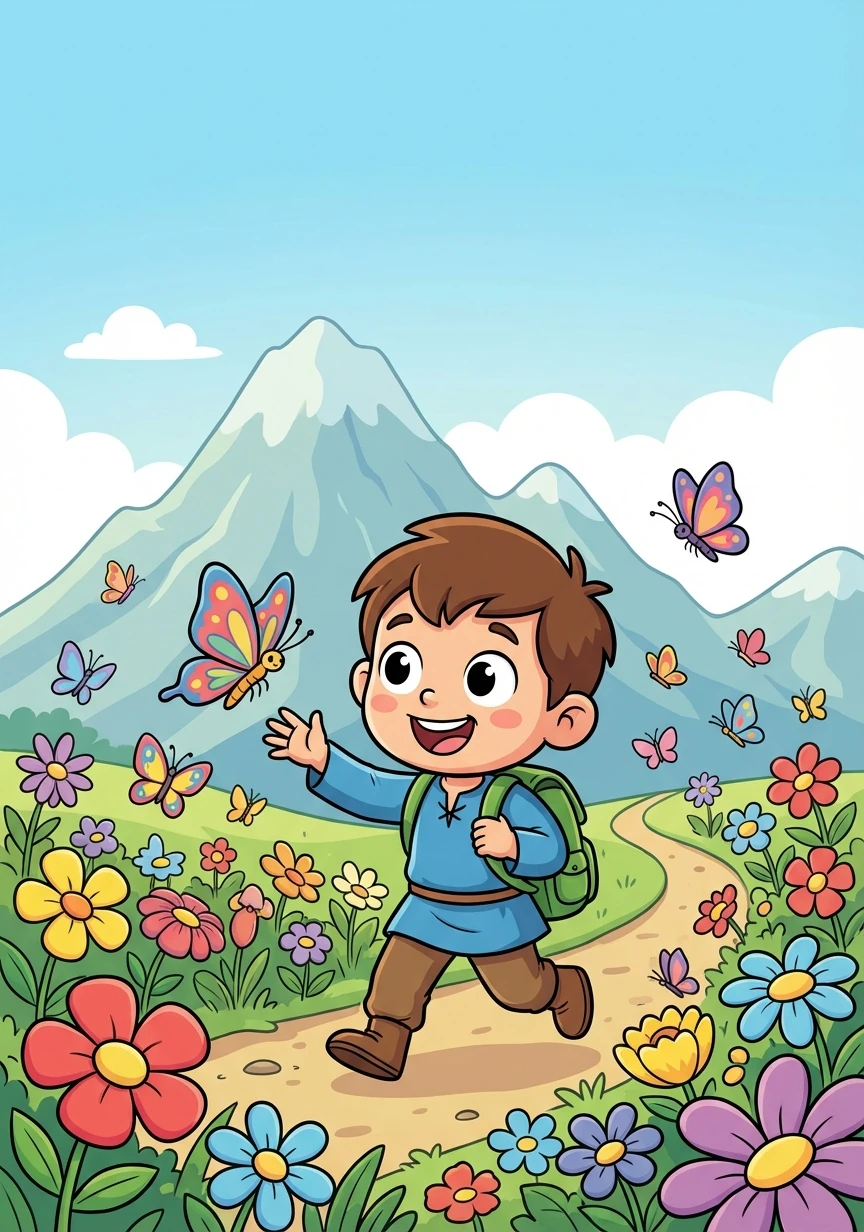 Συνέχισε προς τους πρόποδες του βουνού. Ο δρόμος ήταν γεμάτος λουλούδια και πεταλούδες.